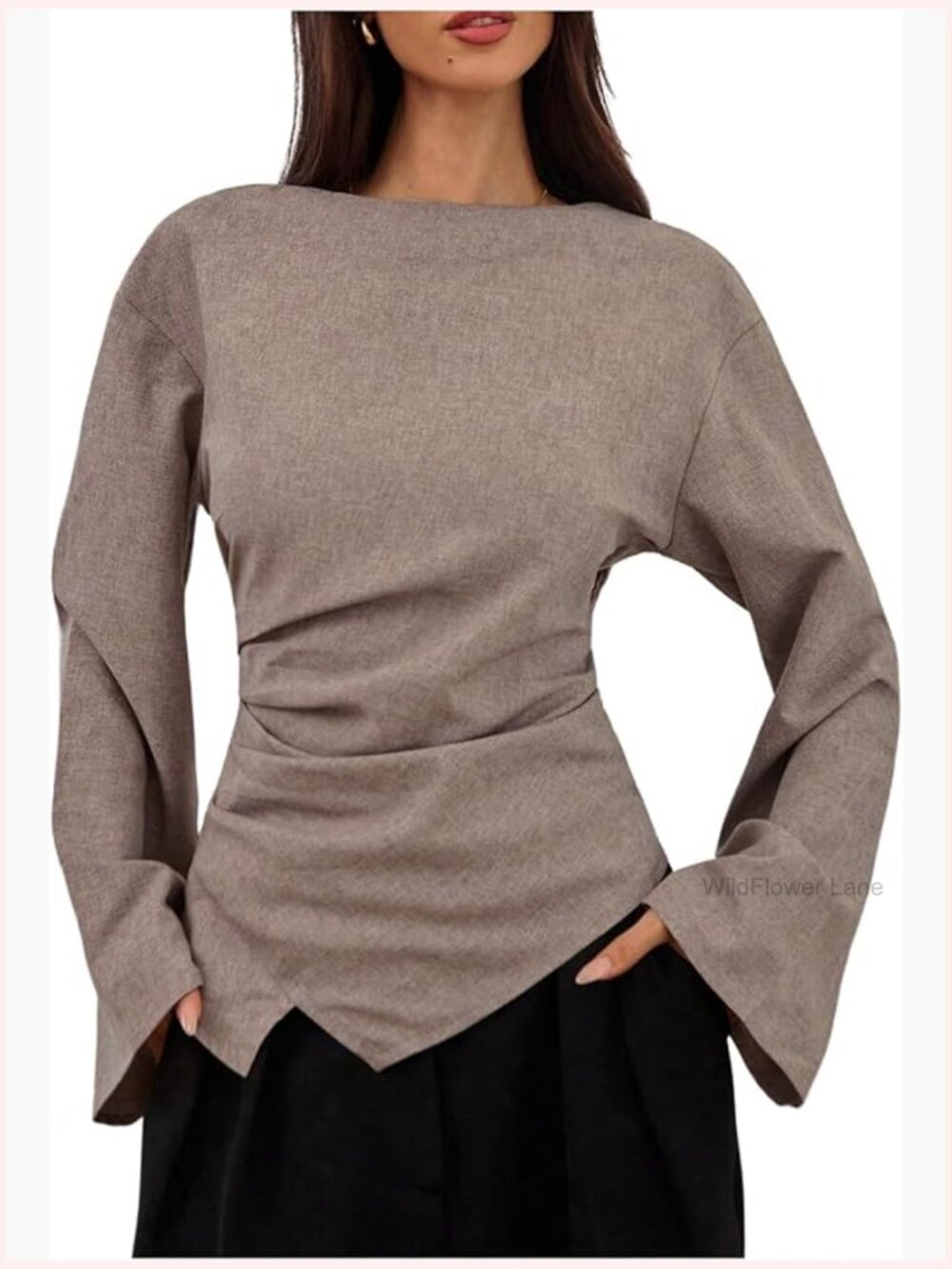 Women's Flare Sleeve Boat Neck Dressy Blouse Pleated Shirt Cinched Waist Top